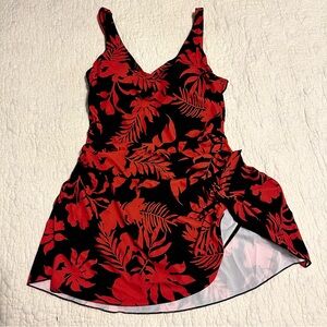 NEW Aidonger Swim Dress XL Black Red Orange Tropical 1 Piece Swimsuit Skirt Tie